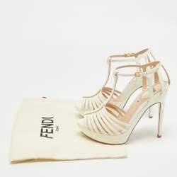 Pre Owned Fendi Cream Patent Leather  T-Strap Sandals Size 37