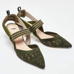 Pre Owned Fendi Green Canvas Colibri Sligback Pumps Size 41