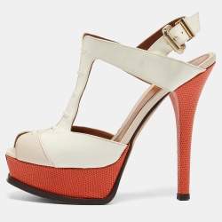 مملوكة مسبقًا Fendi Two Tone Lizard Embossed Leather and Patent Ankle Strap Sandals Size 37