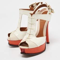 مملوكة مسبقًا Fendi Two Tone Lizard Embossed Leather and Patent Ankle Strap Sandals Size 37