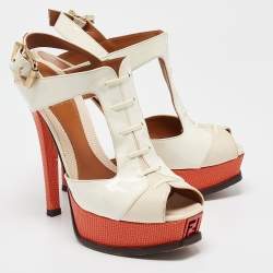 مملوكة مسبقًا Fendi Two Tone Lizard Embossed Leather and Patent Ankle Strap Sandals Size 37