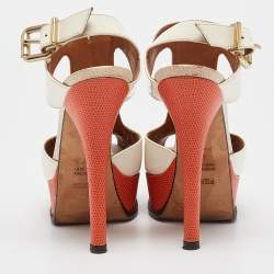 مملوكة مسبقًا Fendi Two Tone Lizard Embossed Leather and Patent Ankle Strap Sandals Size 37