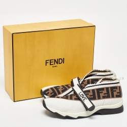 Fendi White/Brown Monogram Mesh Rockoko Velcro Strap Low Top Sneakers Size 39