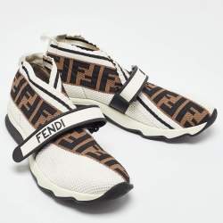 Fendi White/Brown Monogram Mesh Rockoko Velcro Strap Low Top Sneakers Size 39