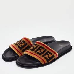 Pre Owned Fendi Brown FF Velvet Monogram Slide Sandals Size 38