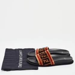 Pre Owned Fendi Brown FF Velvet Monogram Slide Sandals Size 38