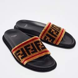 Pre Owned Fendi Brown FF Velvet Monogram Slide Sandals Size 38