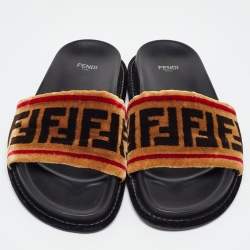Pre Owned Fendi Brown FF Velvet Monogram Slide Sandals Size 38