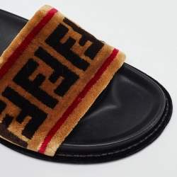 Pre Owned Fendi Brown FF Velvet Monogram Slide Sandals Size 38