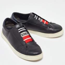 Pre Owned Fendi Black/Blue Leather Scallop Detail Slip On Sneakers Size 38