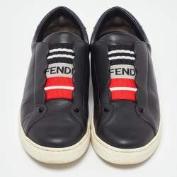 Pre Owned Fendi Black/Blue Leather Scallop Detail Slip On Sneakers Size 38