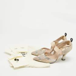 Fendi Beige Mesh and Canvas Crystal Embellished Colibri Slingback Pumps Size 38
