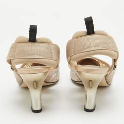 Fendi Beige Mesh and Canvas Crystal Embellished Colibri Slingback Pumps Size 38