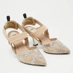 Fendi Beige Mesh and Canvas Crystal Embellished Colibri Slingback Pumps Size 38