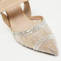 Fendi Beige Mesh and Canvas Crystal Embellished Colibri Slingback Pumps Size 38