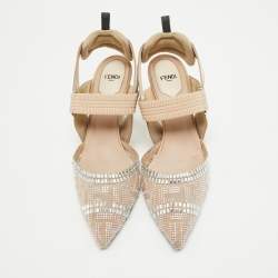 Fendi Beige Mesh and Canvas Crystal Embellished Colibri Slingback Pumps Size 38