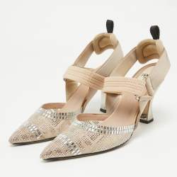 Fendi Beige Mesh and Canvas Crystal Embellished Colibri Slingback Pumps Size 38
