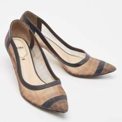 Fendi Brown/Black Zucca Mesh and Leather Colibri Pumps Size 38.5