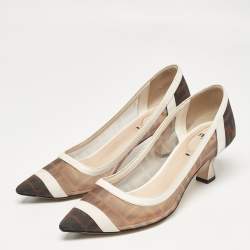 Pre Owned Fendi Brown/White Zucca Mesh and Leather Colibri Pumps Size 39