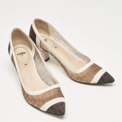 Pre Owned Fendi Brown/White Zucca Mesh and Leather Colibri Pumps Size 39