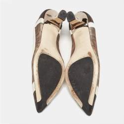 Pre Owned Fendi Brown/White Zucca Mesh and Leather Colibri Pumps Size 39