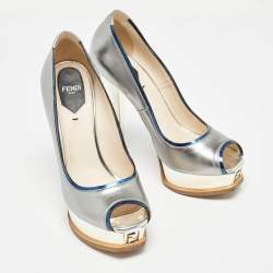 Fendi Silver Leather Fendista Peep Toe Pumps Size 38