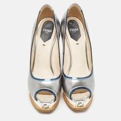 Fendi Silver Leather Fendista Peep Toe Pumps Size 38