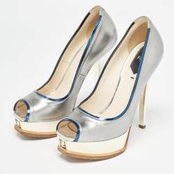 Fendi Silver Leather Fendista Peep Toe Pumps Size 38