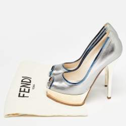 Fendi Silver Leather Fendista Peep Toe Pumps Size 38