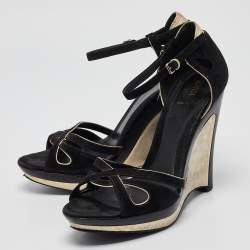 Fendi Black Suede Ankle Strap Wedge Sandals Size 38