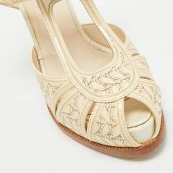 Pre Owned Fendi Cream Patent Leather T-Bar Ankle Strap Sandals Size 36