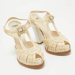 Pre Owned Fendi Cream Patent Leather T-Bar Ankle Strap Sandals Size 36