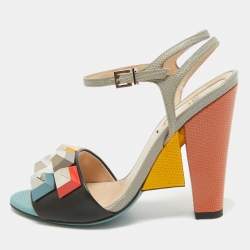 Pre Owned Fendi Black/Grey Leather and Embossed Lizard Fantasia Sandals Size 35