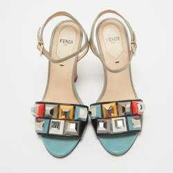 Pre Owned Fendi Black/Grey Leather and Embossed Lizard Fantasia Sandals Size 35