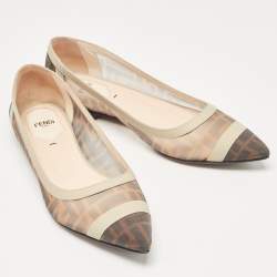 مملوكة مسبقًا Fendi Brown/Beige Zucca Mesh and Leather Colibri Ballet Flats Size 39
