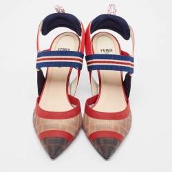 Fendi Multicolor Zucca Mesh and Canvas Colibri Slingback Pumps Size 38.5