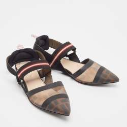 Fendi Brown/Black Zucca Mesh and Canvas Colibri Slingback Flat Sandals Size 36