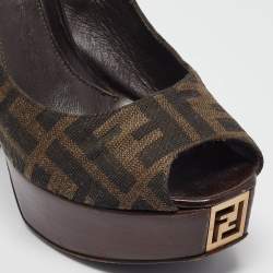 Pre Owned Fendi Brown Zucca Canvas Fendista Slingback Pumps Size 39