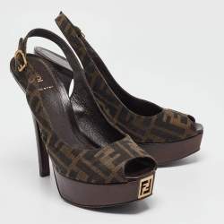 Pre Owned Fendi Brown Zucca Canvas Fendista Slingback Pumps Size 39