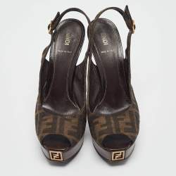 Pre Owned Fendi Brown Zucca Canvas Fendista Slingback Pumps Size 39