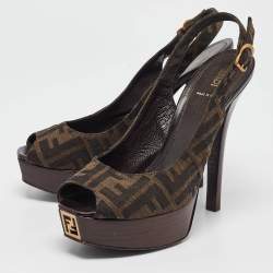 Pre Owned Fendi Brown Zucca Canvas Fendista Slingback Pumps Size 39