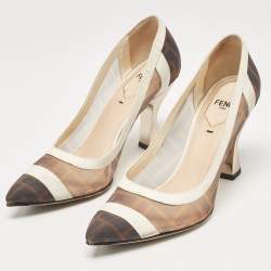 Fendi Brown/White Zucca Mesh and Leather Colibri Pumps Size 35