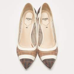 Fendi Brown/White Zucca Mesh and Leather Colibri Pumps Size 35