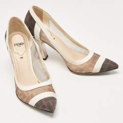 Fendi Brown/White Zucca Mesh and Leather Colibri Pumps Size 35