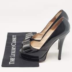 Fendi Black Patent Leather Bow Peep Toe Platform Pumps Size 38