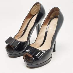 Fendi Black Patent Leather Bow Peep Toe Platform Pumps Size 38