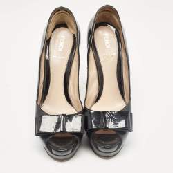 Fendi Black Patent Leather Bow Peep Toe Platform Pumps Size 38