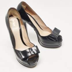 Fendi Black Patent Leather Bow Peep Toe Platform Pumps Size 38
