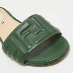 Fendi Green Leather Flat Slides Size 36.5