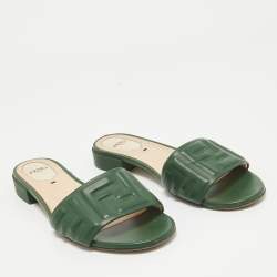 Fendi Green Leather Flat Slides Size 36.5